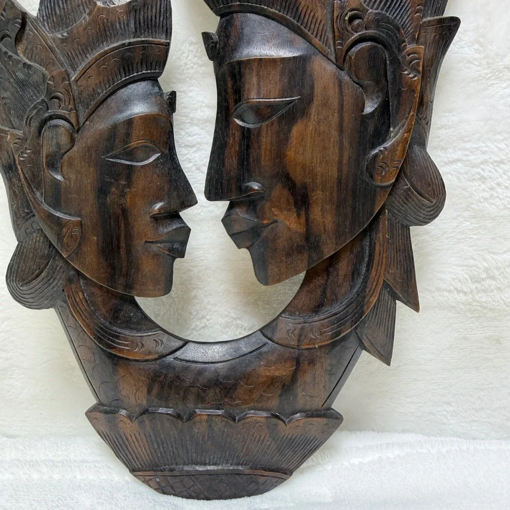 Vintage Hand Carved Wood Balinese Romantic Couple Wall Art Plaque‎ Sculpture 12